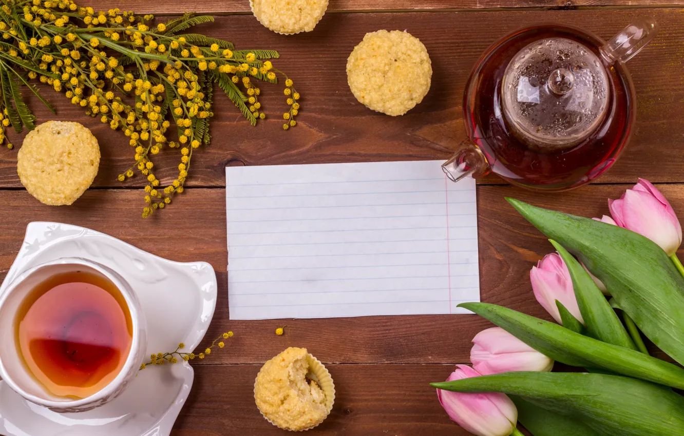 Photo wallpaper tea, tulips, cupcakes, Mimosa