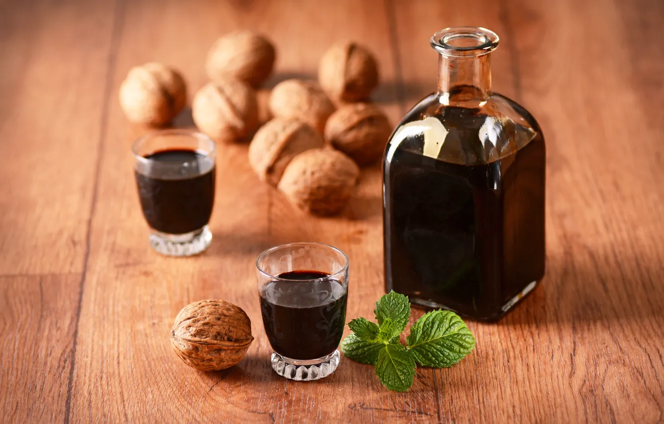Photo wallpaper wine, alcohol, nuts, mint, nuts, drinks, bottle