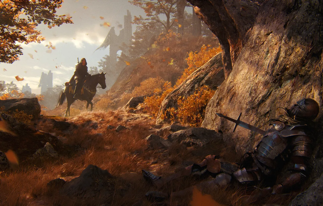Photo wallpaper sword, fantasy, armor, trees, leaves, ruins, horse, castle