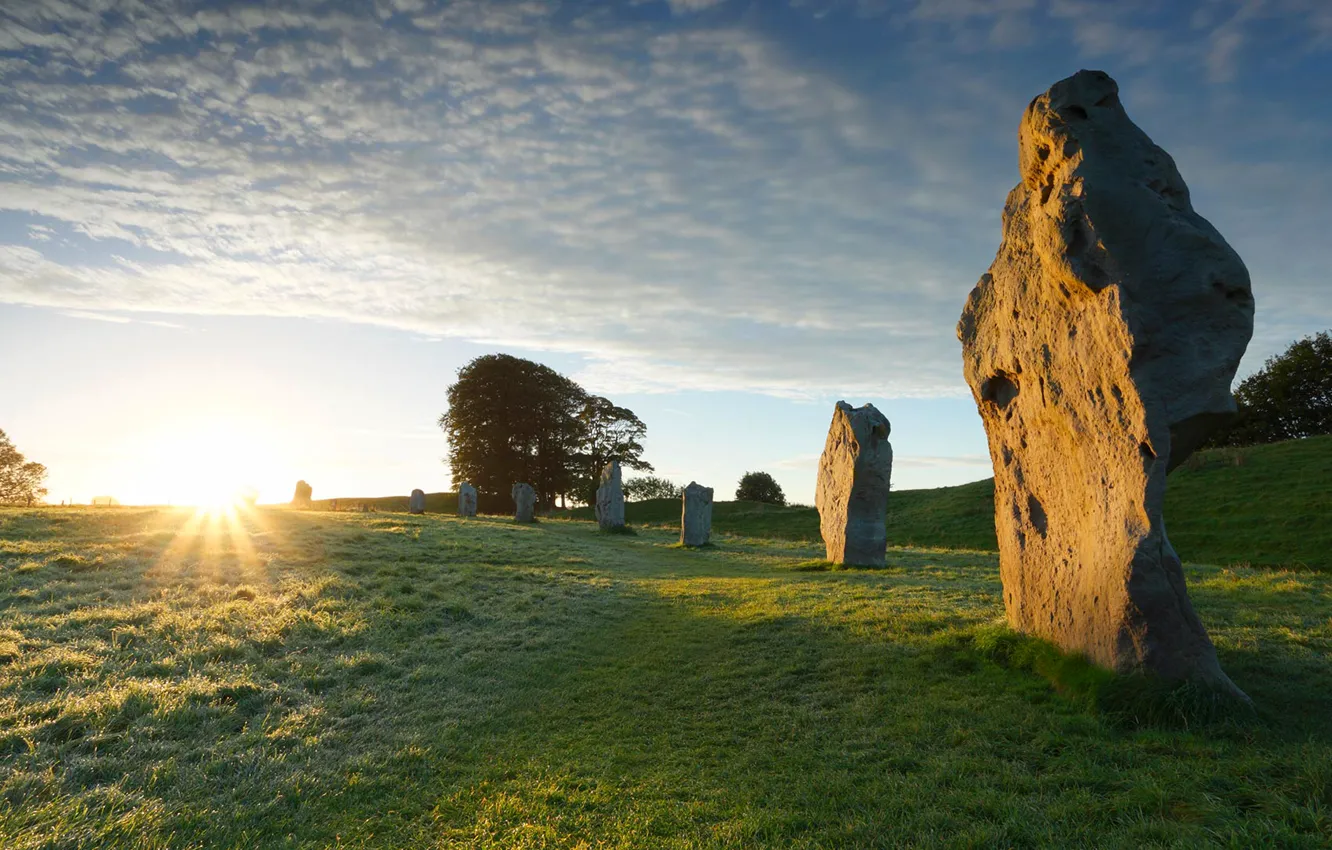 Photo wallpaper rays, sunset, stones, England, Megalit, Wiltshire, Avebury