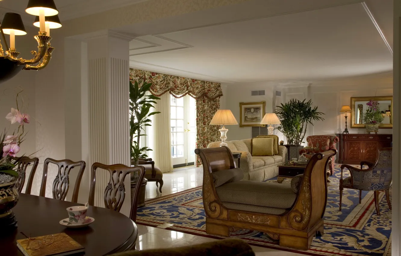 Photo wallpaper flowers, room, sofa, carpet, furniture, lamp, window, living room