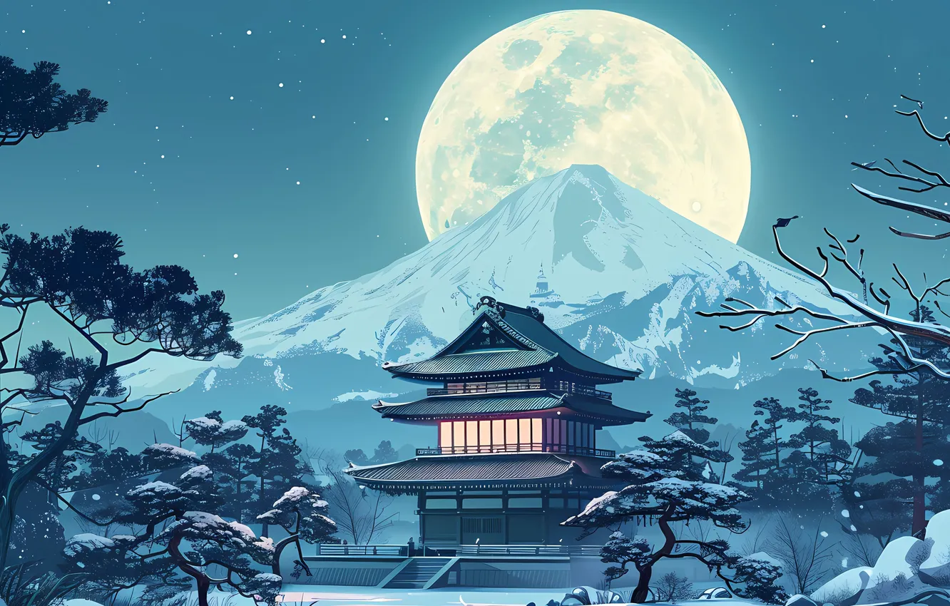 Photo wallpaper Japan, night, mountain, temple, Fuji