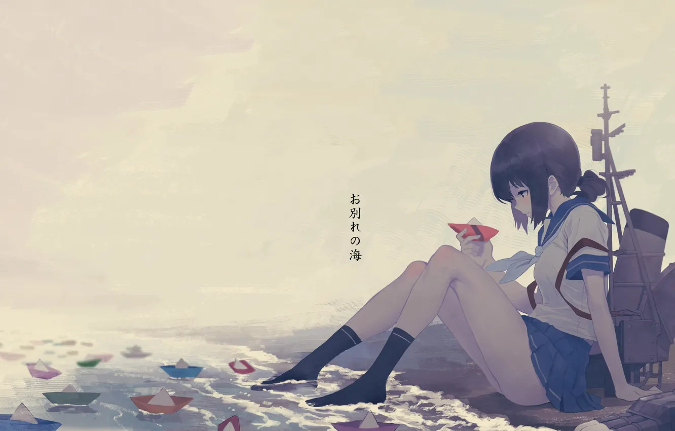 Photo wallpaper girl, school uniform, legs, anime, water, mood, artwork, feeling