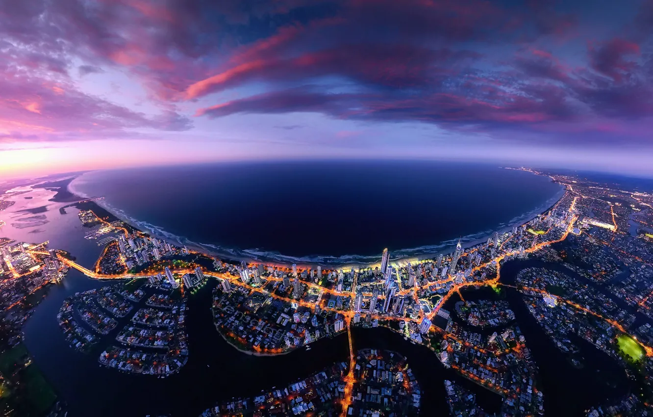 Photo wallpaper sea, the sky, clouds, the city, lights, the ocean, coast, Australia