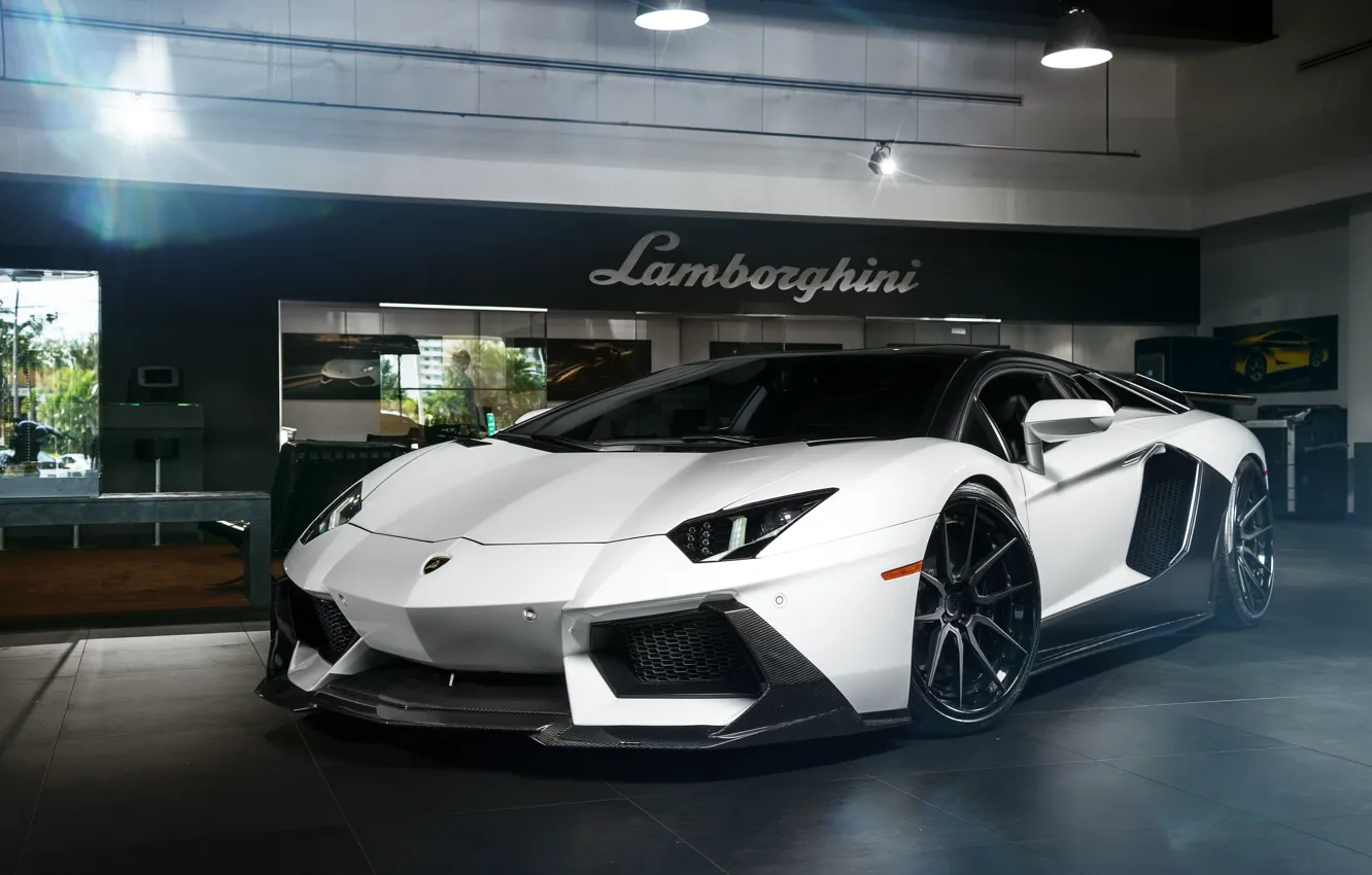 Photo wallpaper Lamborghini, Light, Power, Front, White, LP700-4, Aventador, Supercar