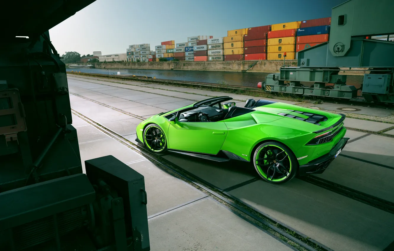 Photo wallpaper car, the sky, green, Lamborghini, port, car, Spyder, containers