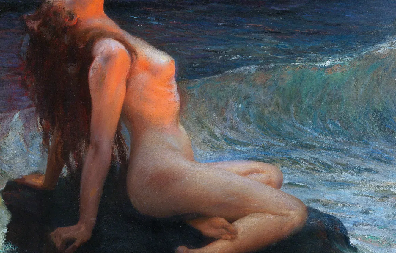 Photo wallpaper sea, wave, girl, dawn, picture, sunrise, naked, German artist