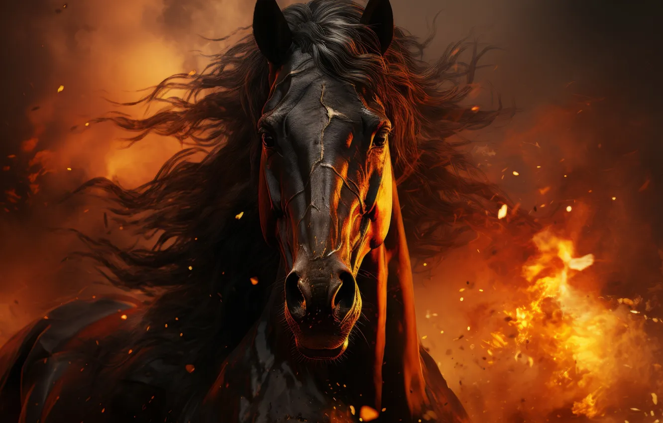 Photo wallpaper look, face, lights, horse, smoke, head, mane, black