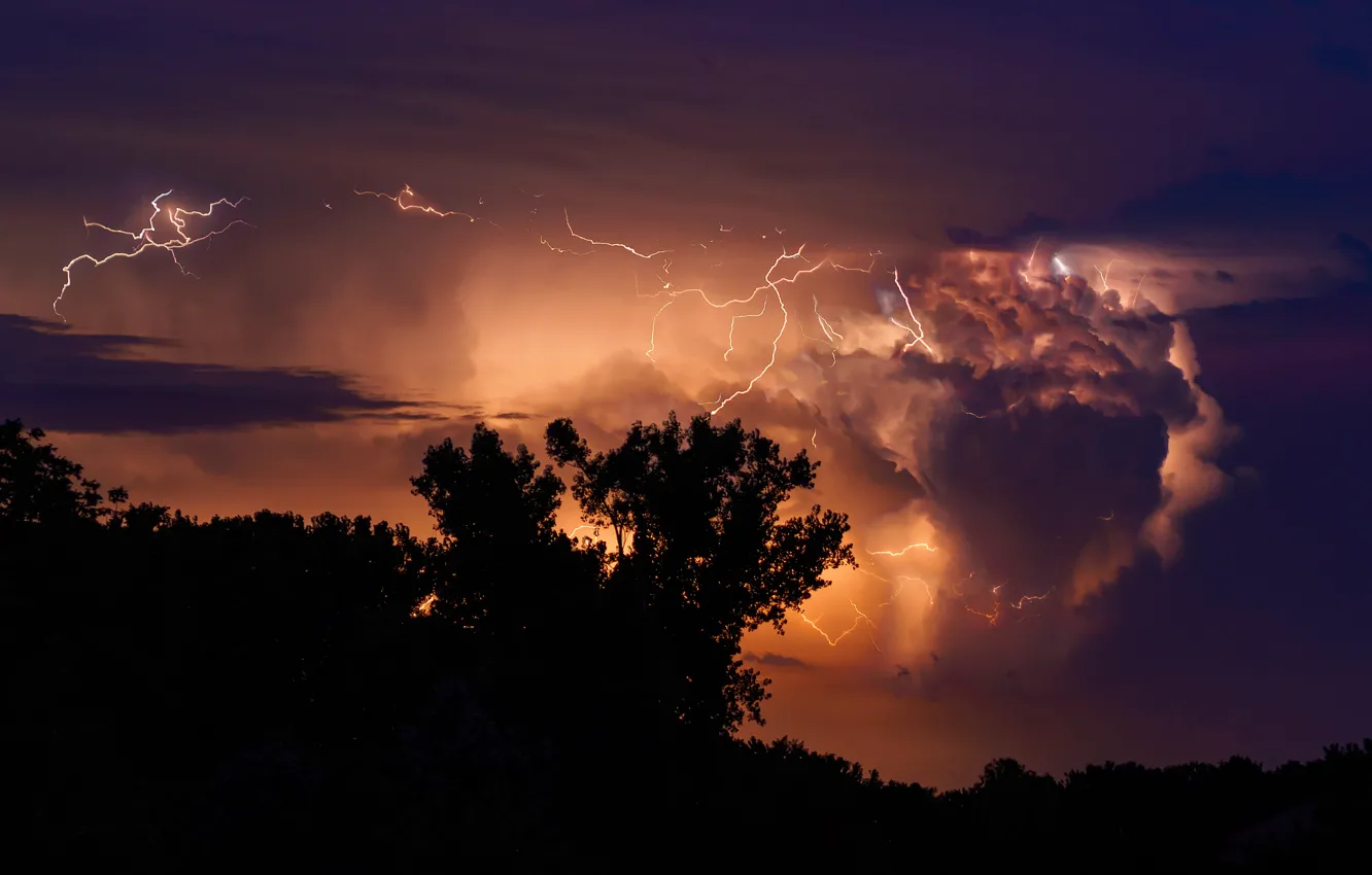 Photo wallpaper the storm, the sky, clouds, clouds, lightning, silhouettes