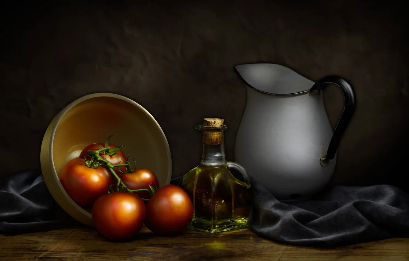 Photo wallpaper oil, pitcher, still life, tomatoes, tomatoes