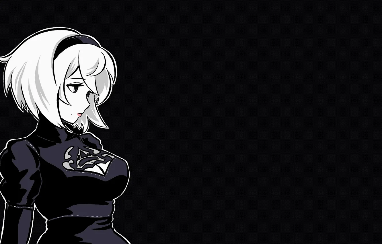 Photo wallpaper short hair, black dress, white hair, Big boobs, bangs, Headband, Nier Automata, long sleeves