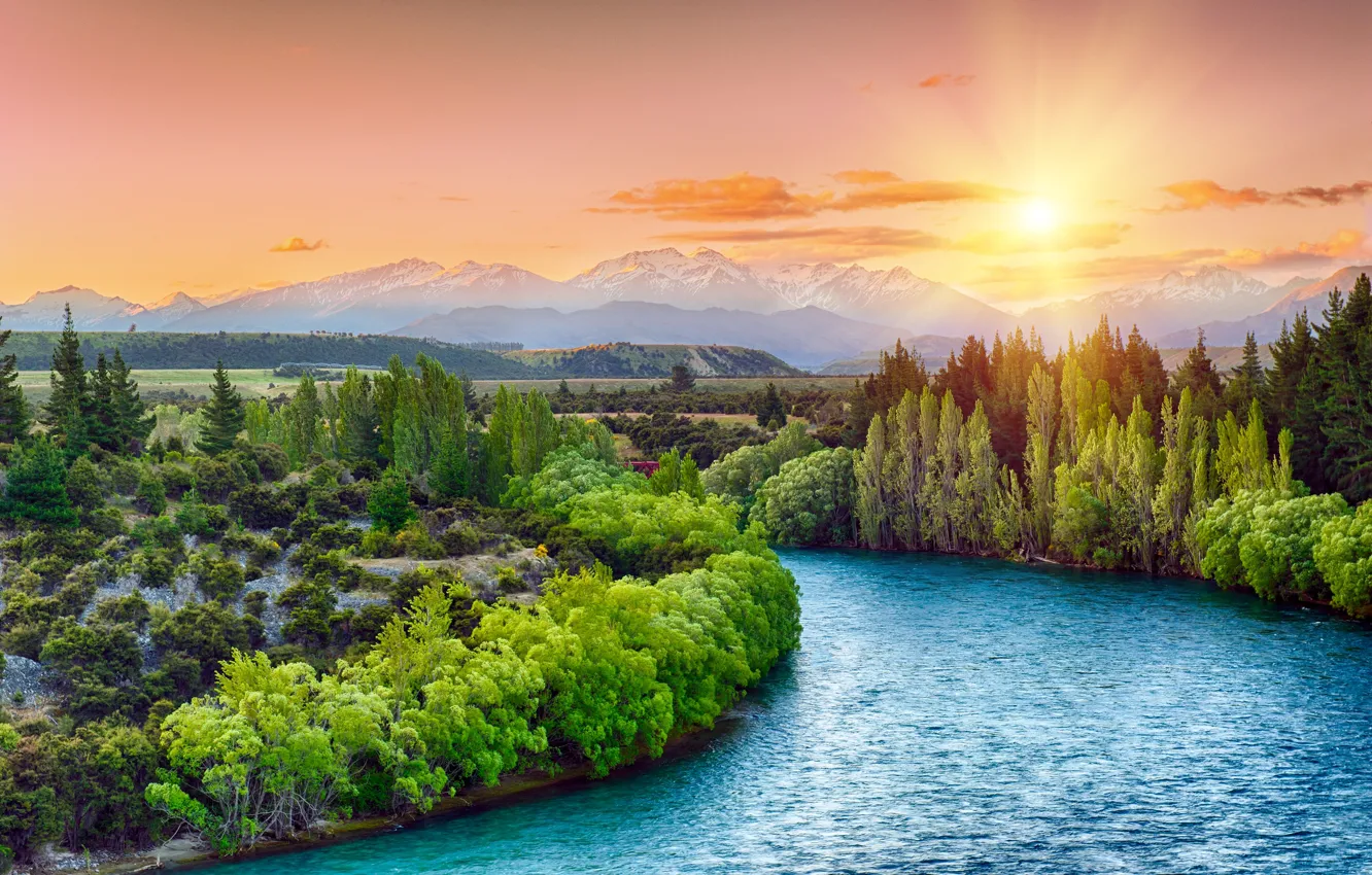 Photo wallpaper forest, sunset, nature, river