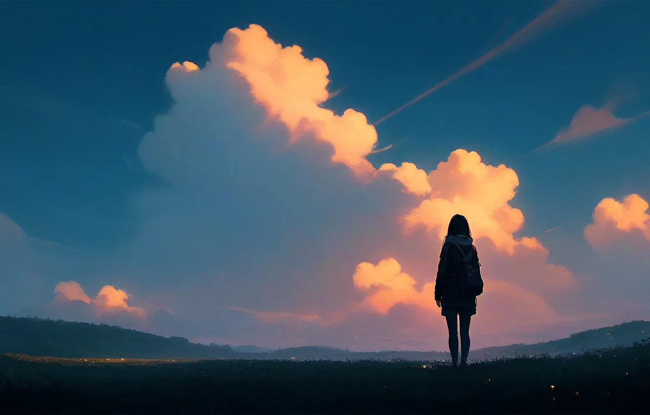 Photo wallpaper girl, sky, landscape, sunset, mountains, clouds, digital art, artwork