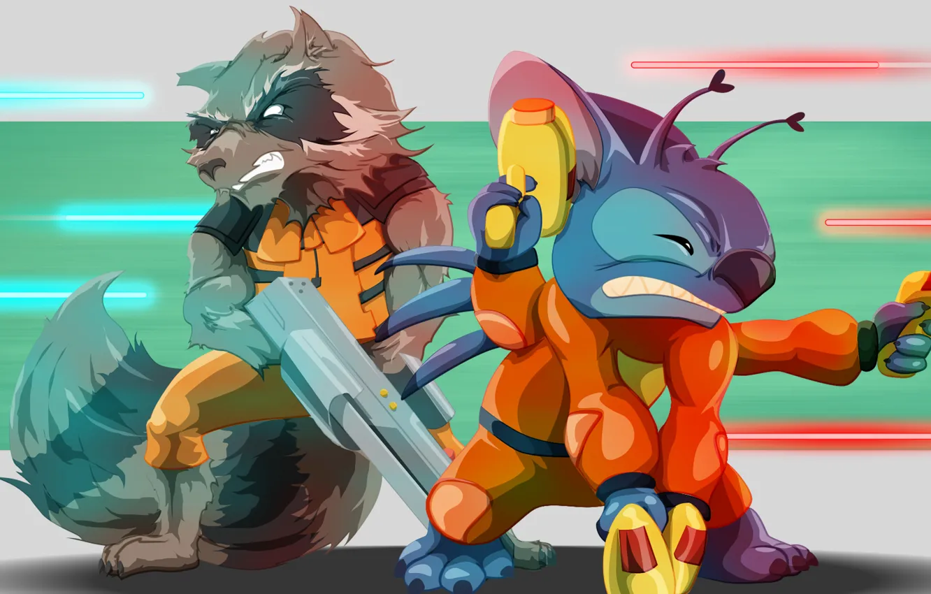 Photo wallpaper alien, art, crossover, Stitch, Rocket, raccoon