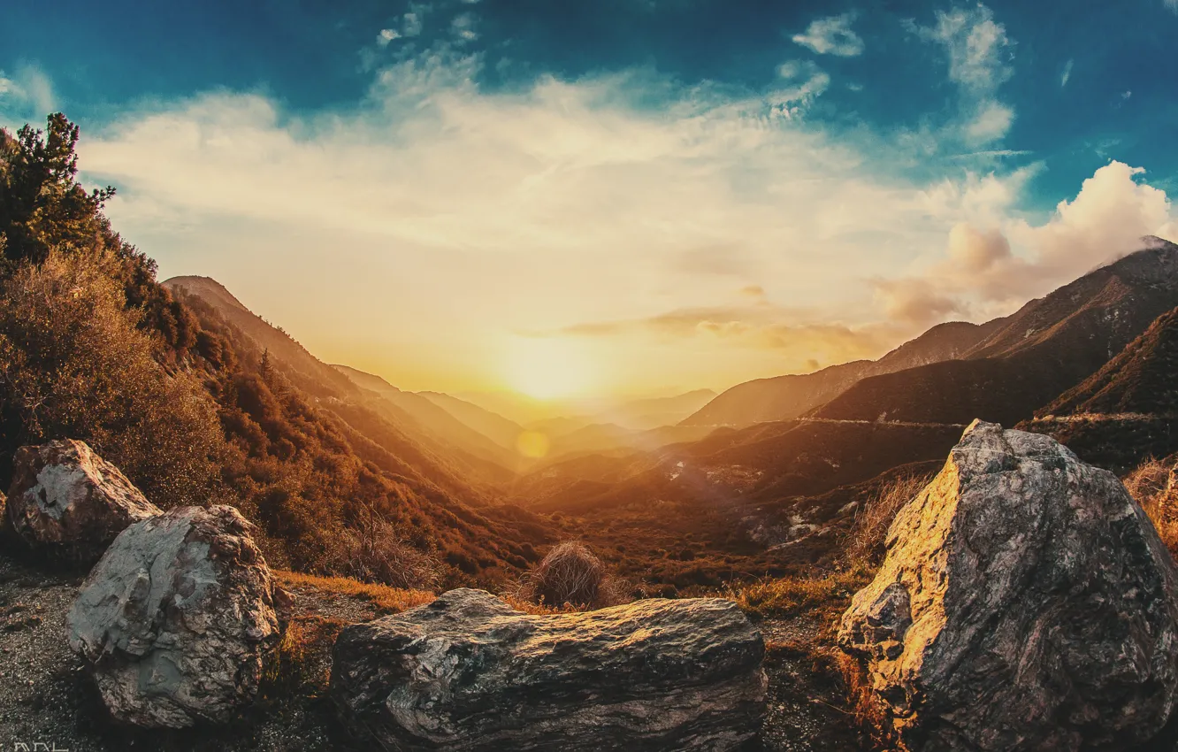 Photo wallpaper the sky, mountains, sunrise, rocks, sky, mountains, rocks, sunrise