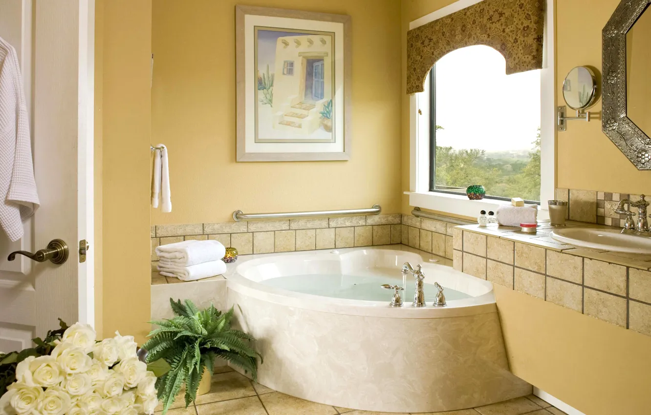 Photo wallpaper flowers, picture, mirror, window, bath, sink, bathroom