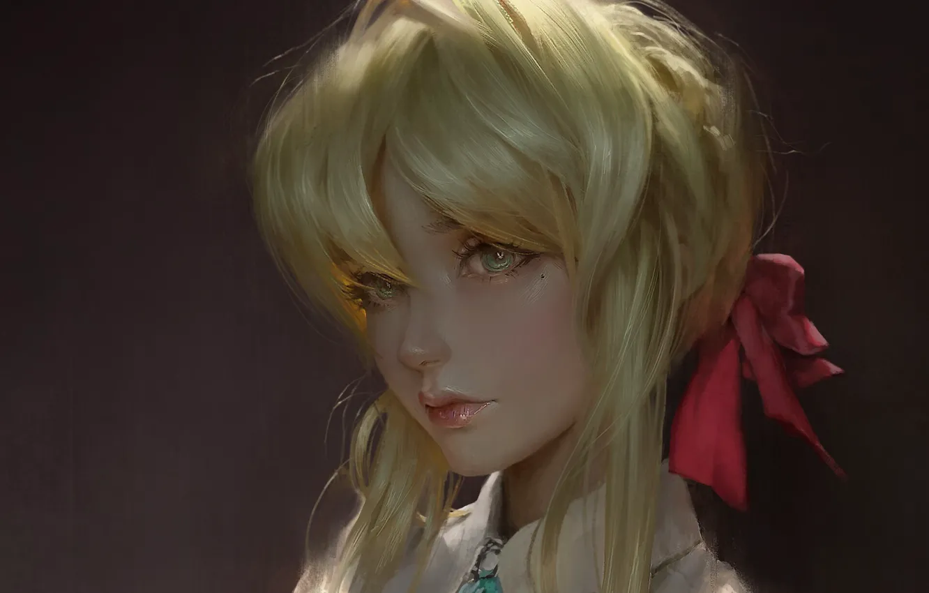 Photo wallpaper face, sponge, grey background, bangs, red ribbon, Violet Evergarden