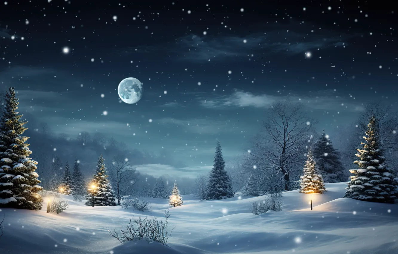 Photo wallpaper winter, snow, decoration, night, lights, tree, new year, Christmas
