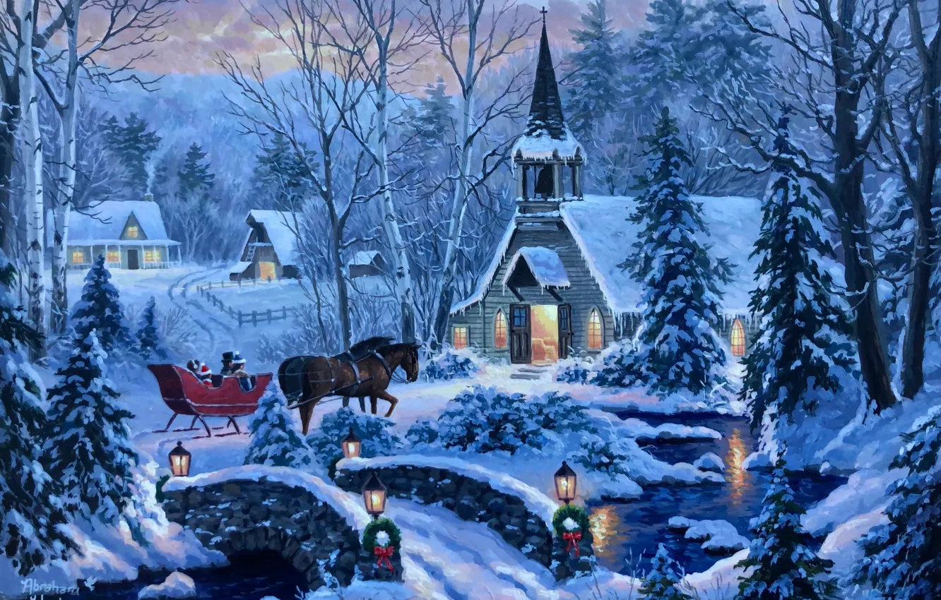 Photo wallpaper winter, forest, snow, bridge, river, the evening, horse, Church