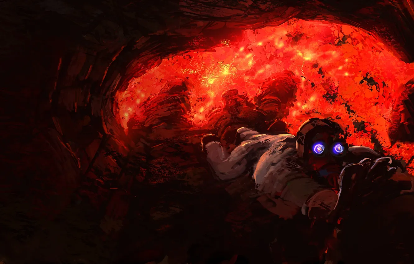 Photo wallpaper rocks, people, the situation, hands, art, lava, cave, falls