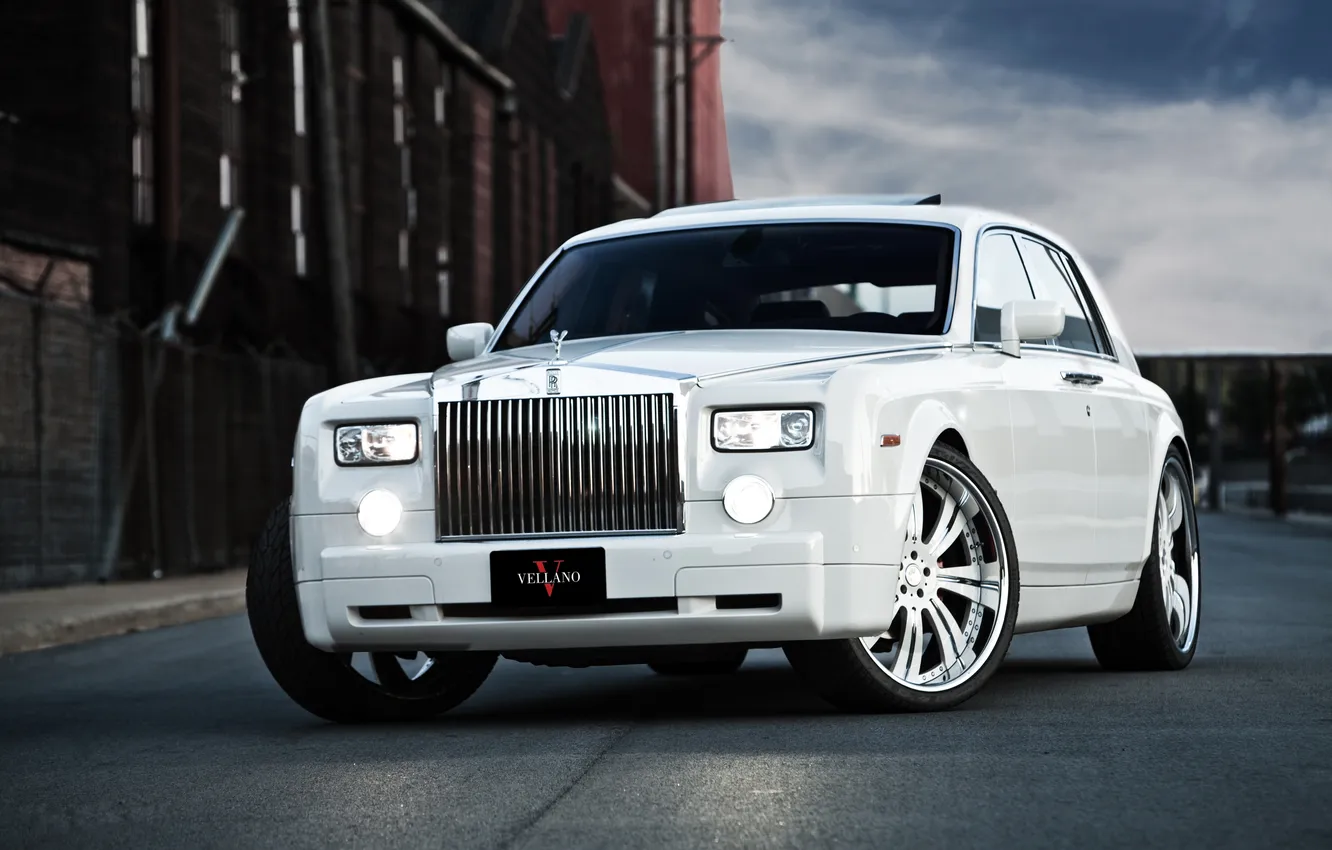Photo wallpaper white, the sky, clouds, Phantom, white, Rolls Royce, the front, phantom