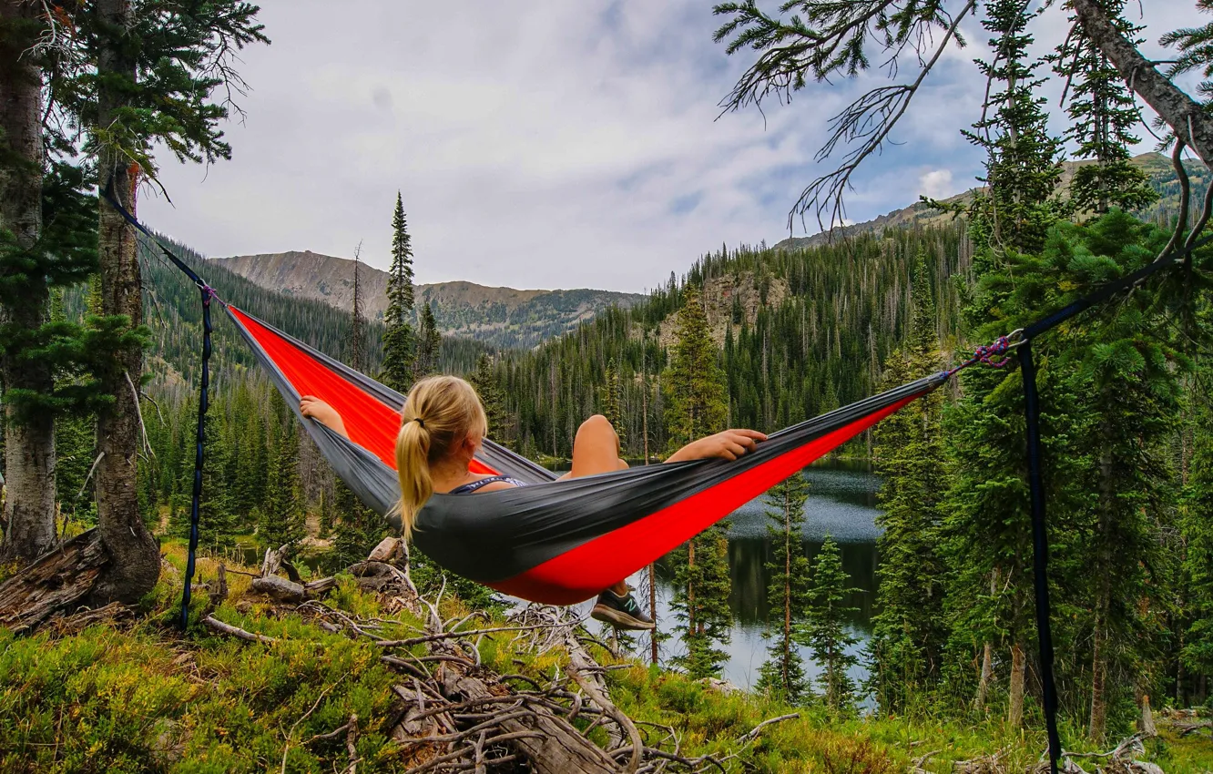 Photo wallpaper forest, the sky, water, girl, hammock, idyll