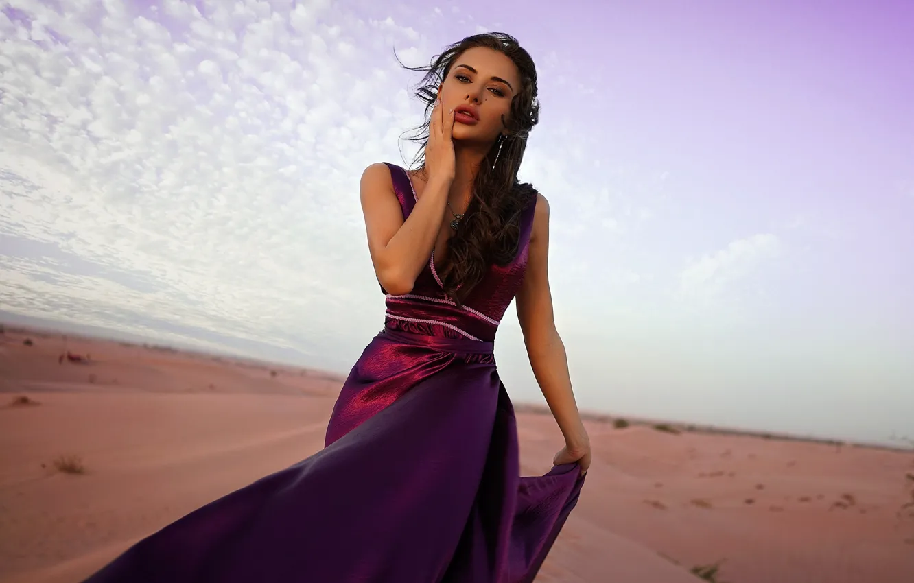 Photo wallpaper sand, the sky, look, clouds, desert, Girl, dress, Anton Shabunin