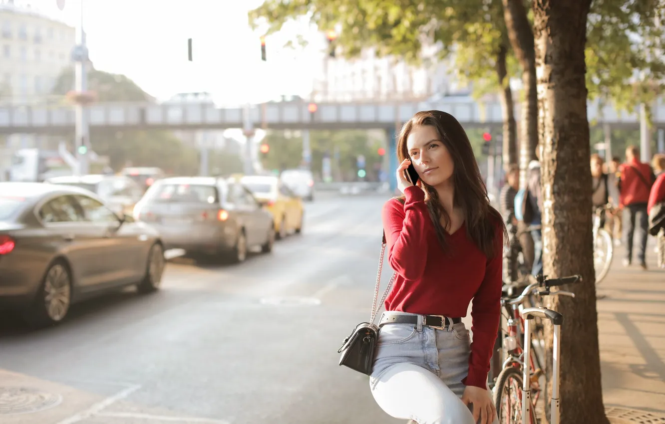 Photo wallpaper machine, girl, the city, pose, street, model, jeans, beautiful