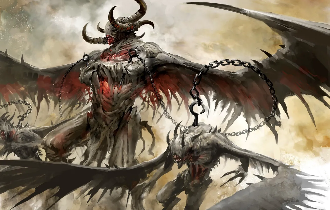 Photo wallpaper wings, chain, horns, Guild Wars 2, demons, hook