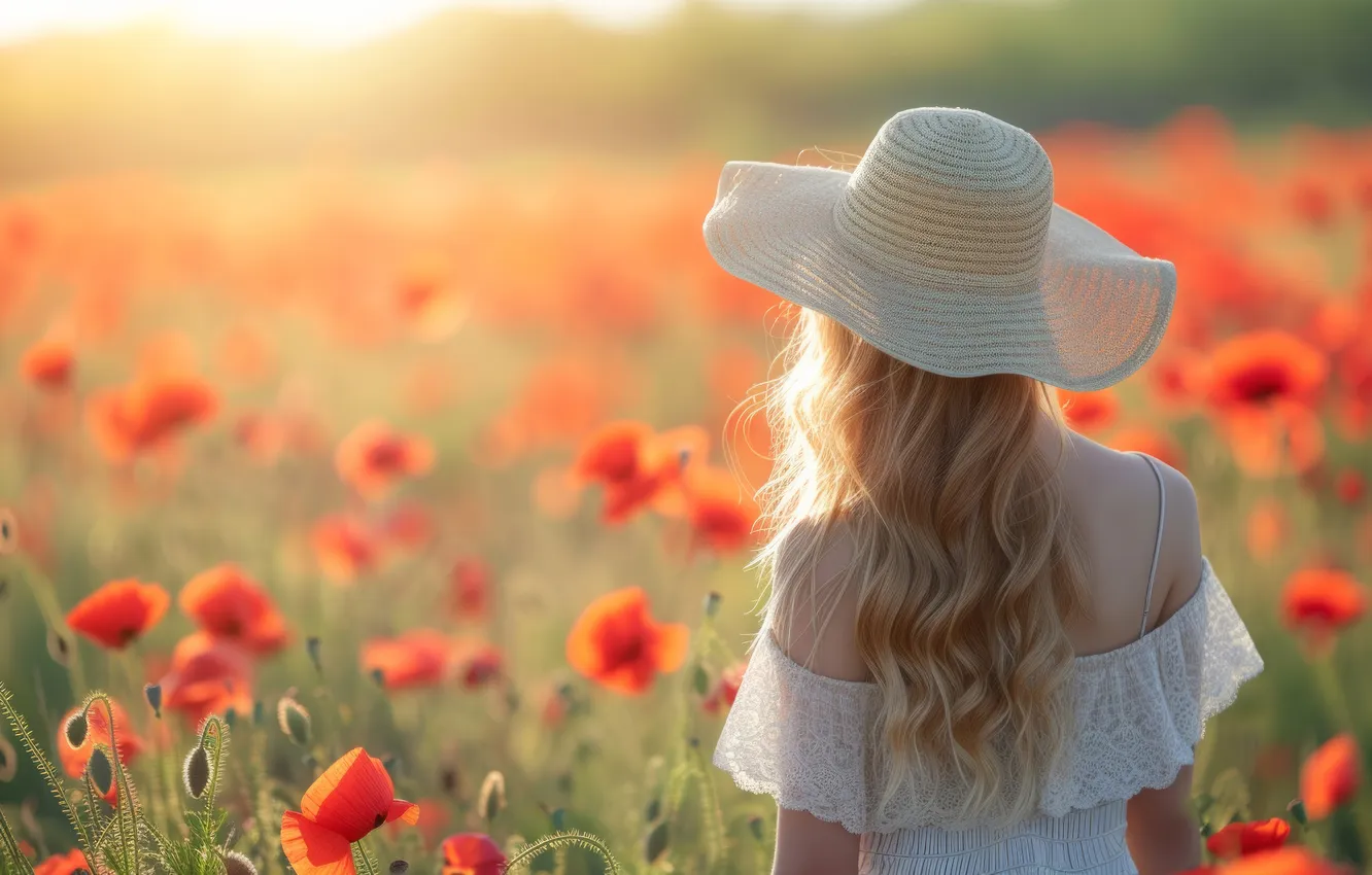Photo wallpaper field, summer, girl, flowers, red, back, Maki, hat