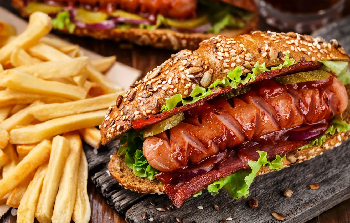 Photo wallpaper sausage, bacon, salad, buns, hot dog