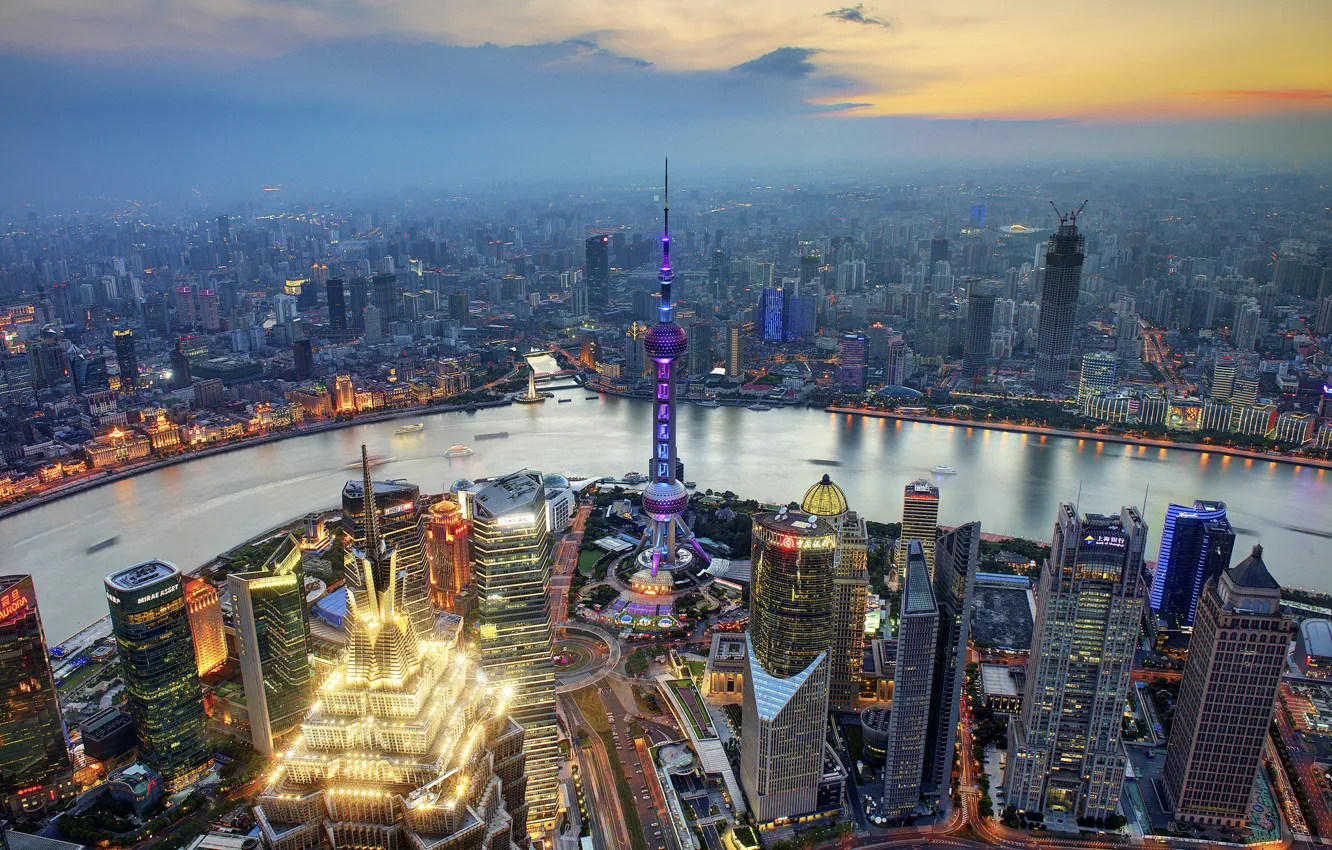 Photo wallpaper sunset, river, China, Oriental Pearl Tower, Jin Mao Tower, the Huangpu river
