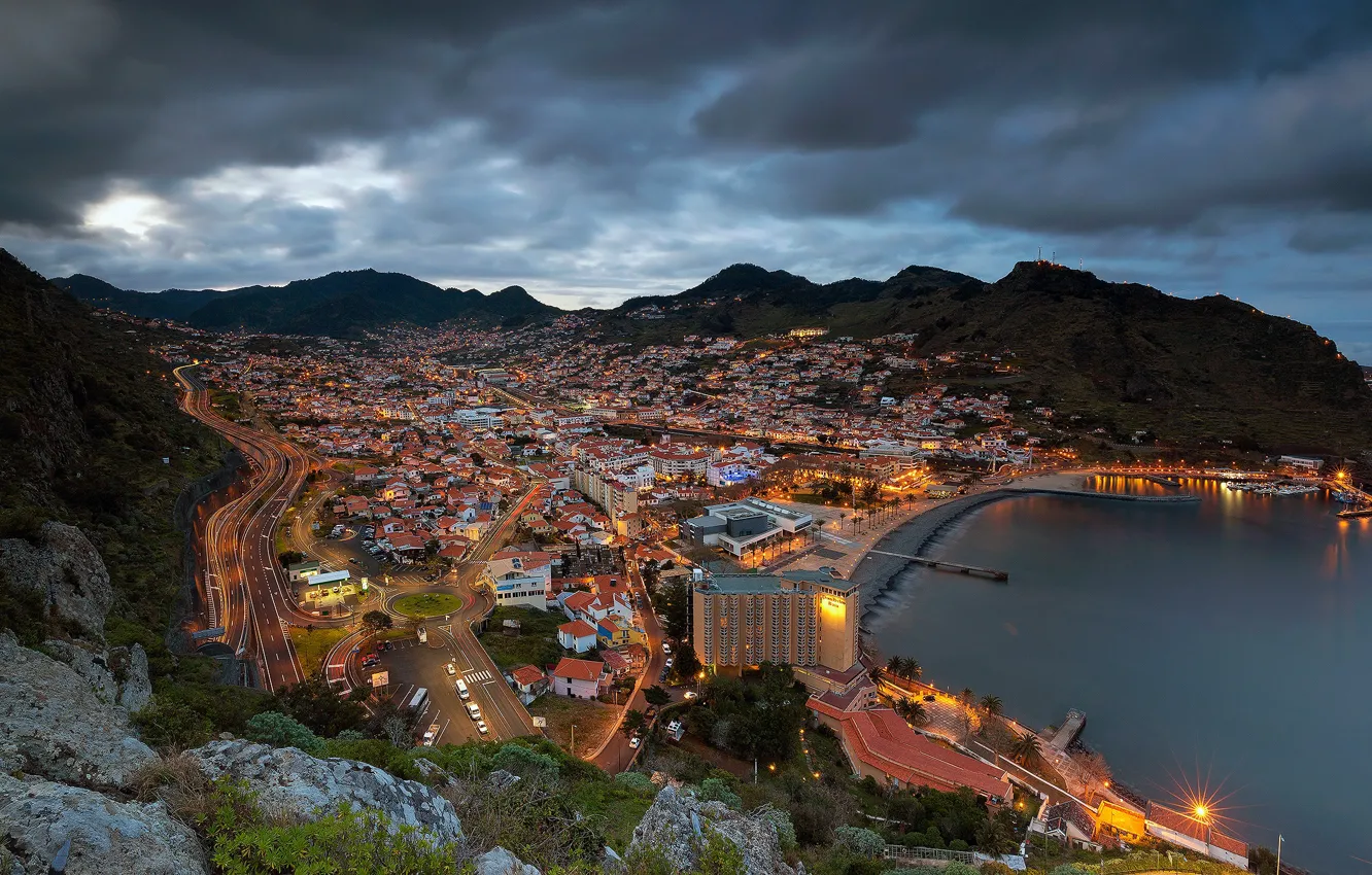 Photo wallpaper mountains, coast, panorama, Bay, Portugal, night city, Madeira, Portugal