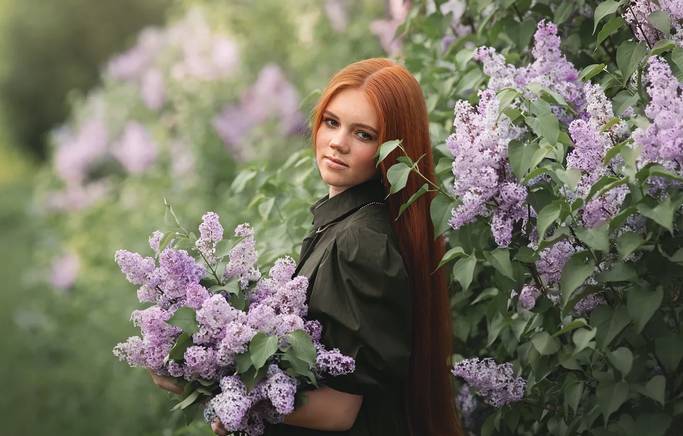Photo wallpaper girl, nature, bouquet, freckles, red, the bushes, lilac, Natalia Vetoshkina
