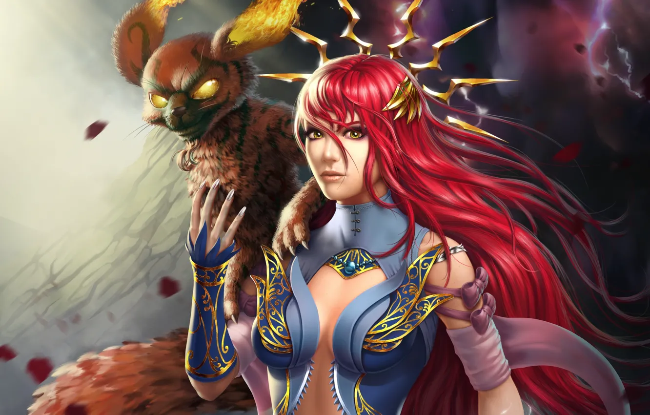 Photo wallpaper look, girl, lights, fantasy, magic, MAG, red, beast