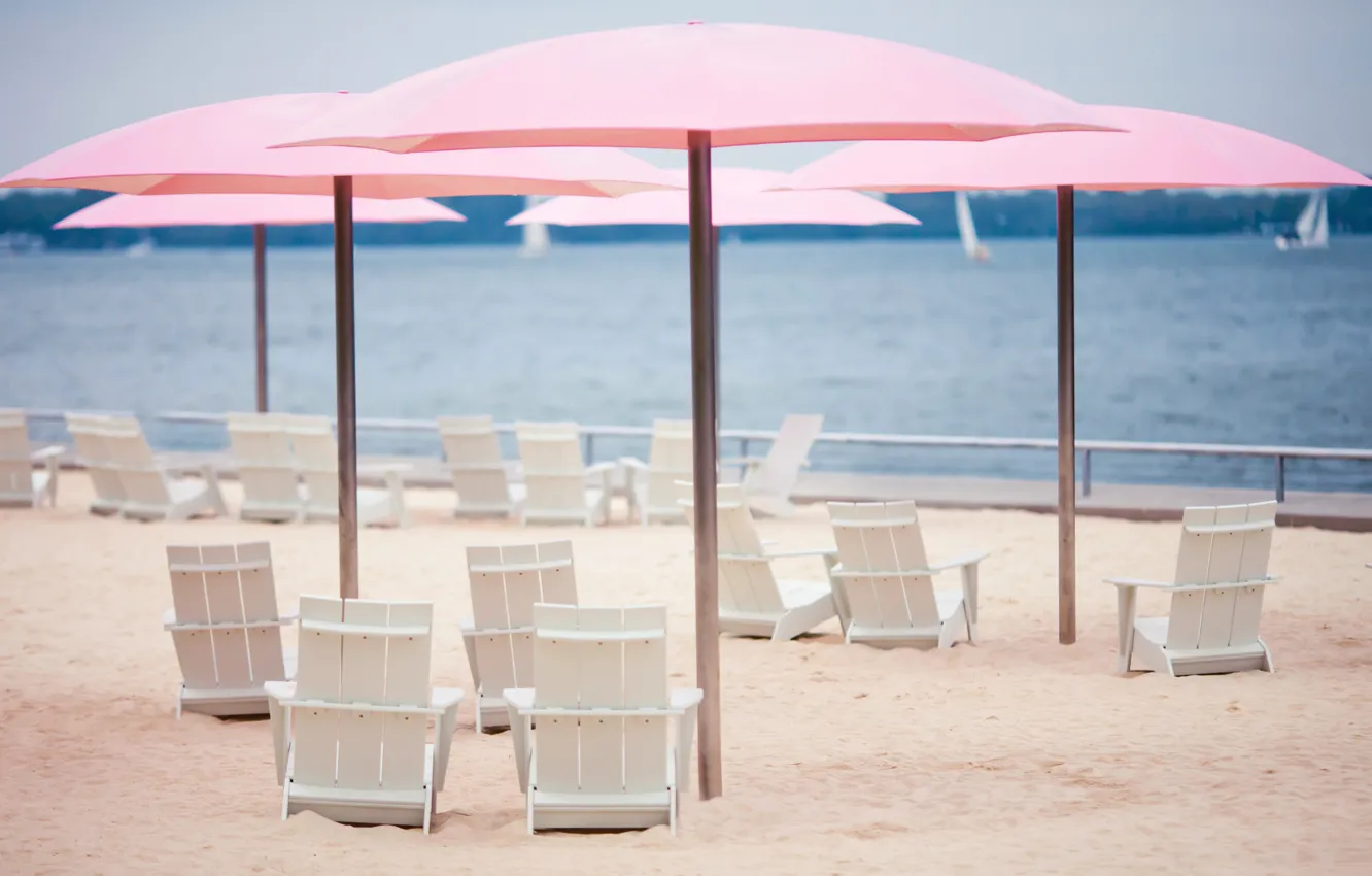 Photo wallpaper sand, sea, beach, summer, chair, umbrella, chaise