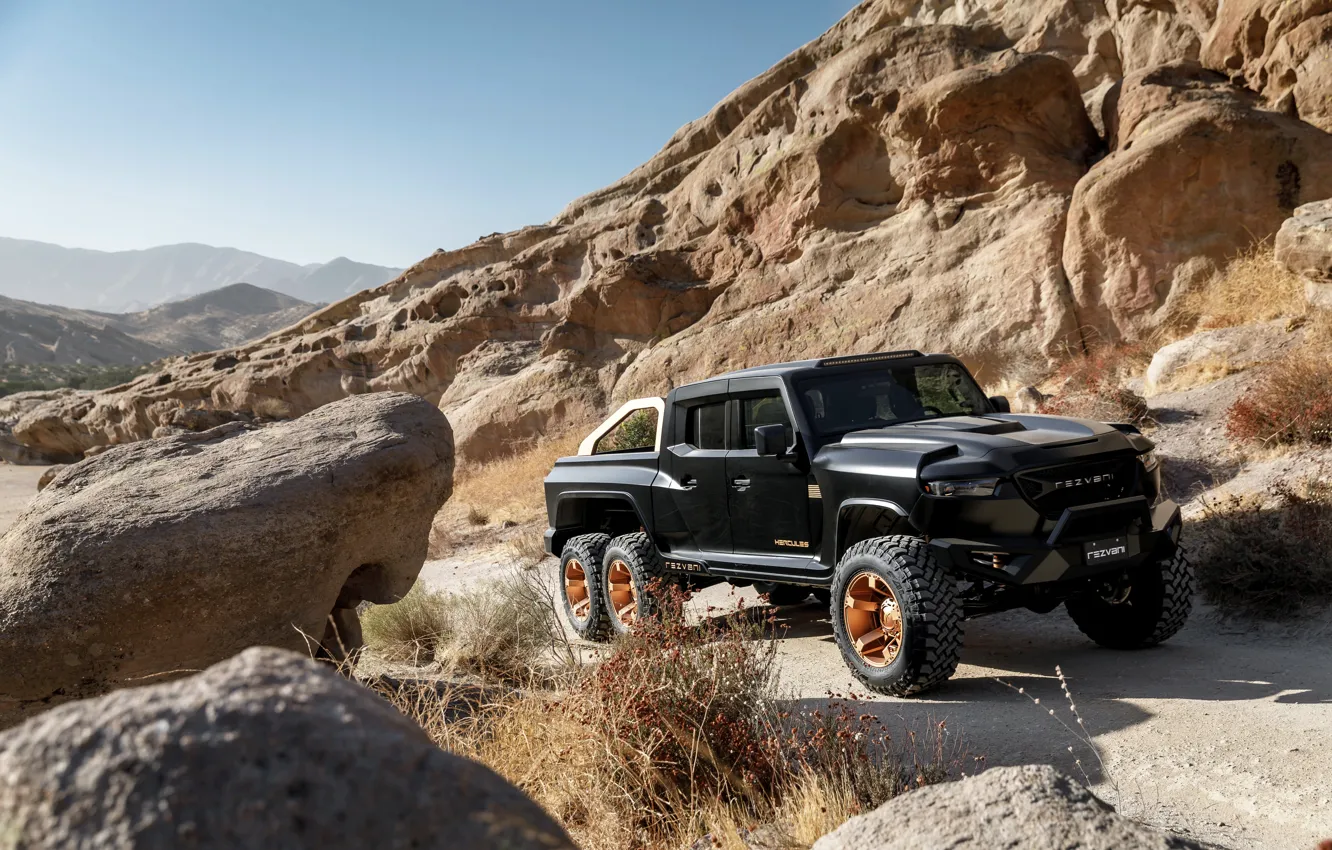 Photo wallpaper mountains, stones, rocks, slope, pickup, Rezvani, 2020, Hercules 6x6