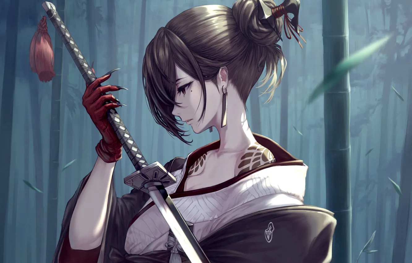 Photo wallpaper girl, sword, fantasy, weapon, katana, tattoo, brunette, digital art