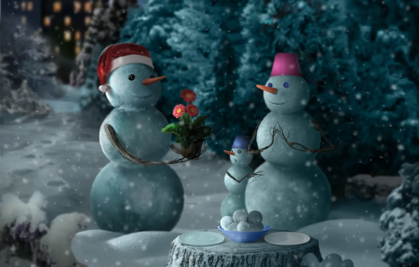 Photo wallpaper winter, gift, collage, cartoon, tale, snowman