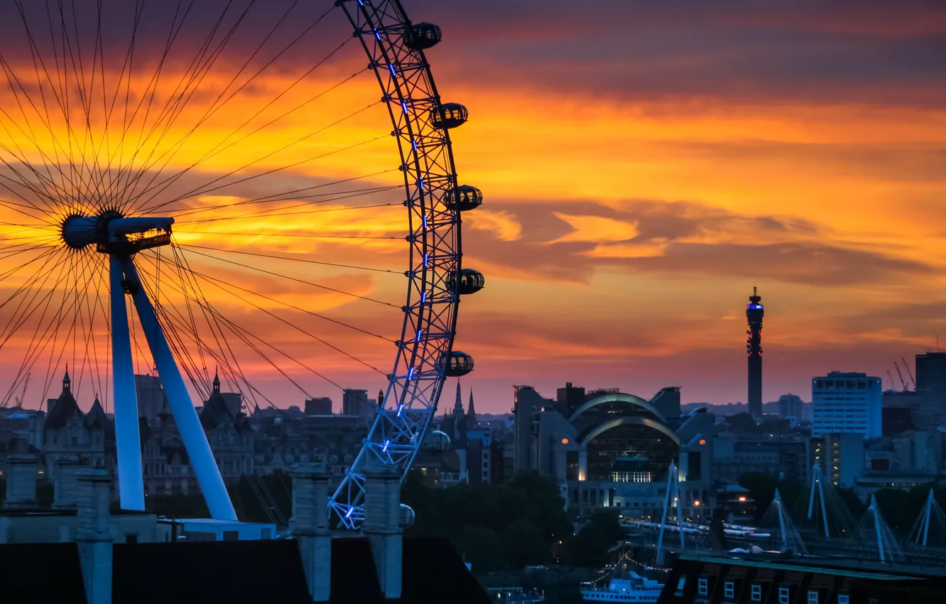Photo wallpaper sunset, the city, home, Ferris wheel, London, England, South Bank