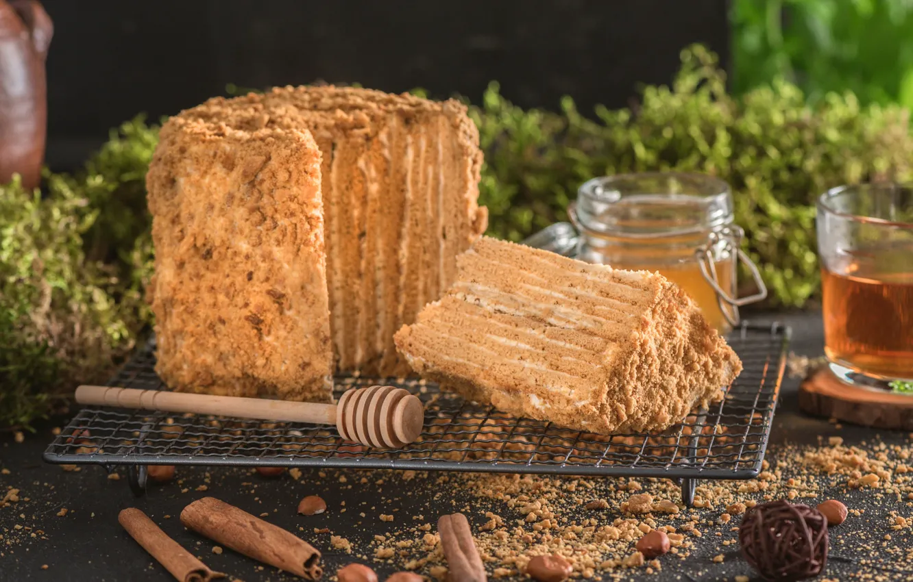Photo wallpaper glass, table, tea, moss, honey, pie, the tea party, Bank