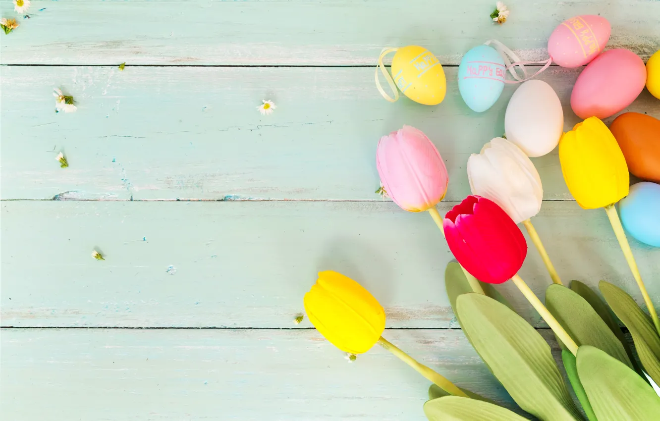 Photo wallpaper flowers, eggs, spring, colorful, Easter, tulips, wood, pink