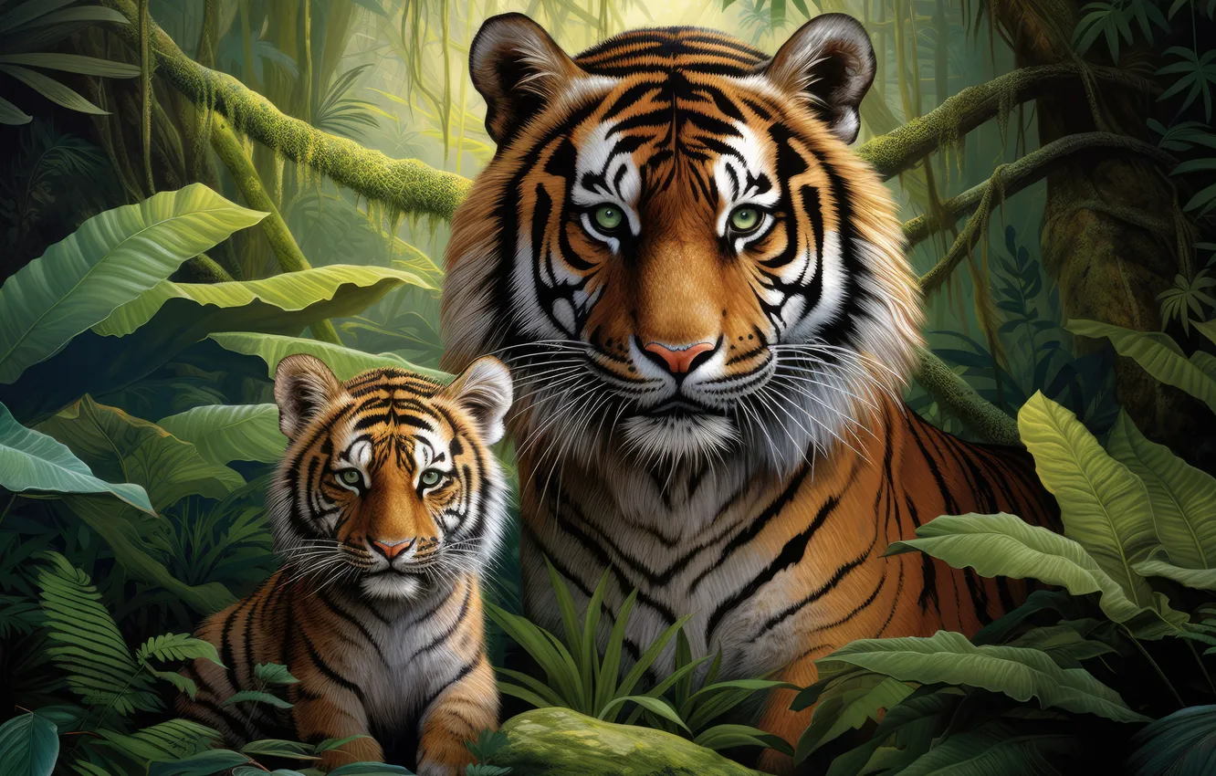 Photo wallpaper look, leaves, branches, nature, tiger, thickets, portrait, baby