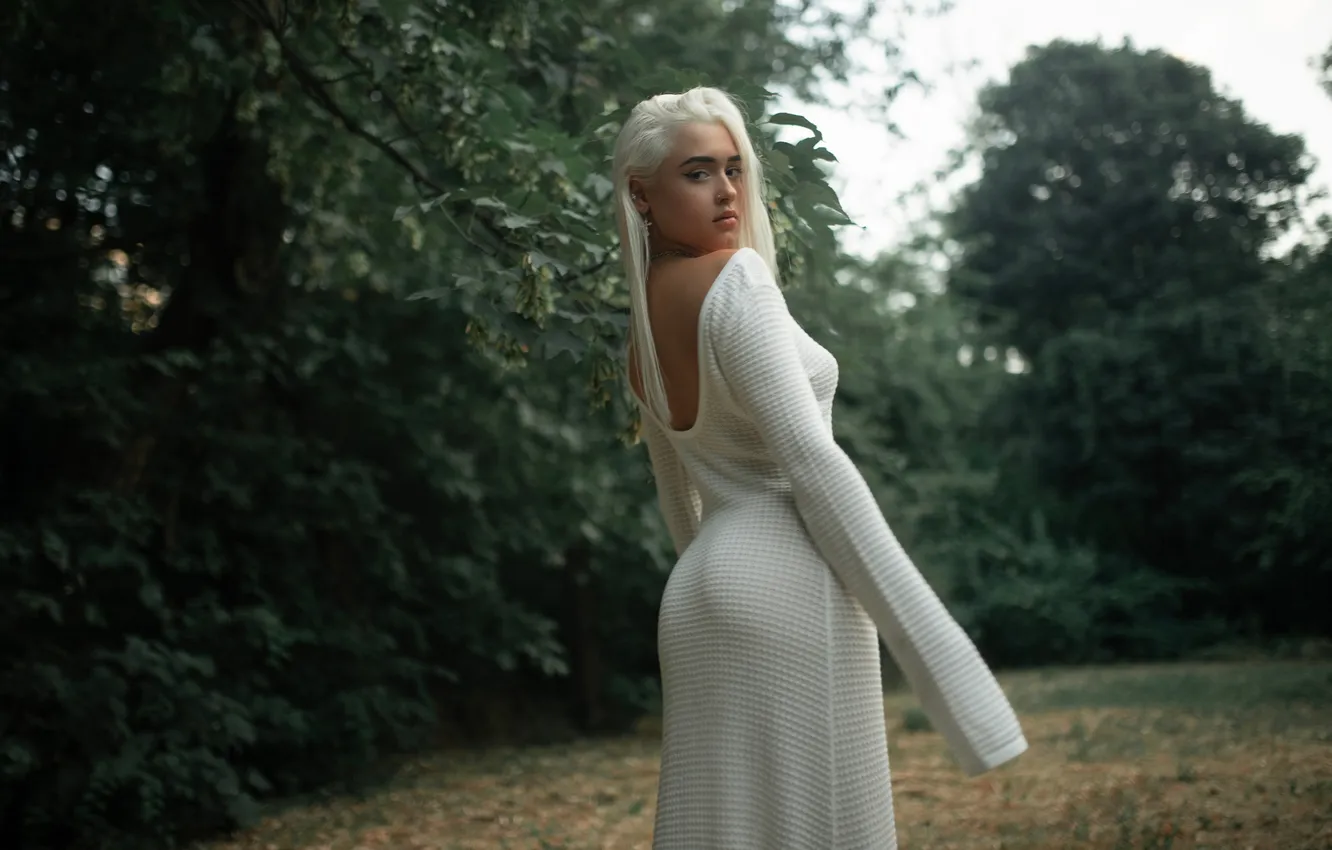 Photo wallpaper girl, nature, ass, sky, dress, trees, nature, model