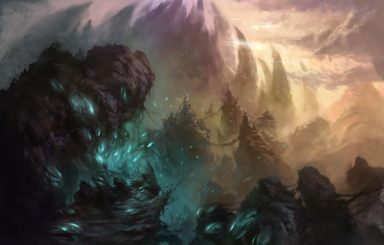 Photo wallpaper mountains, castle, rocks, art, chain, zyxlx