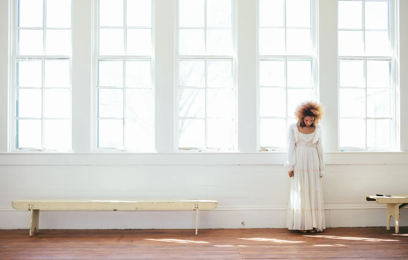 Photo wallpaper girl, bench, room, window, madness, sunlight, sanatorium