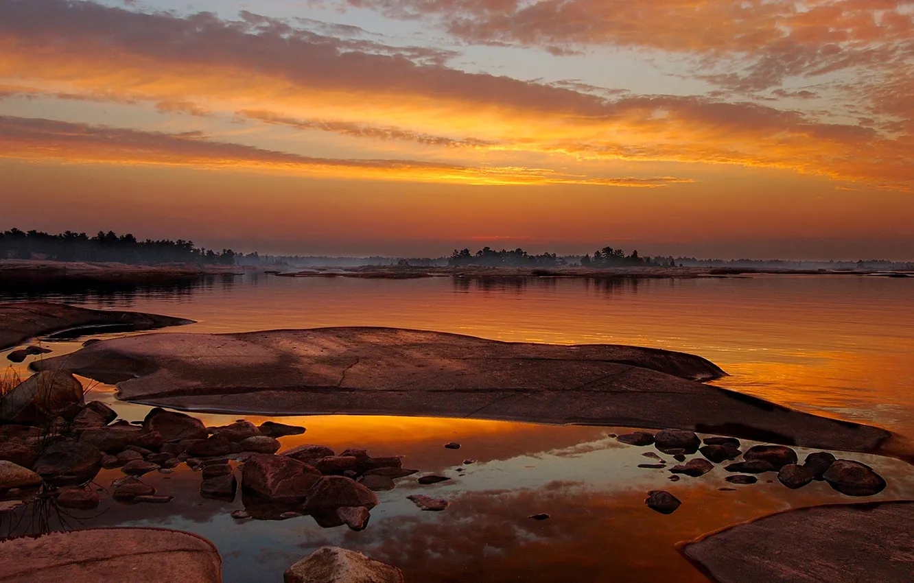 Photo wallpaper trees, lake, stones, shore, Canada, glow, Ontario