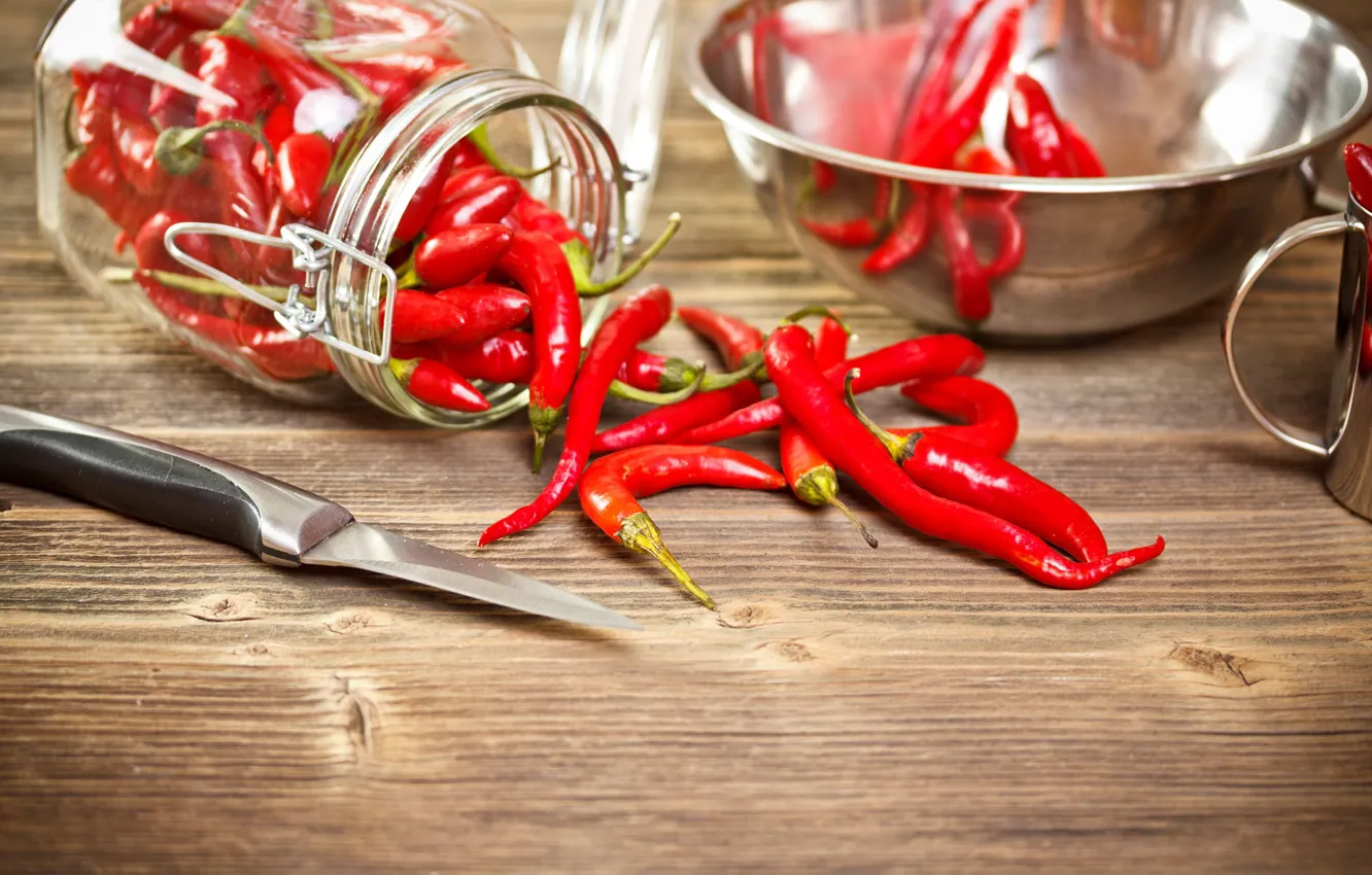 Photo wallpaper red, Board, knife, Bank, pepper, bowl, placer, sharp