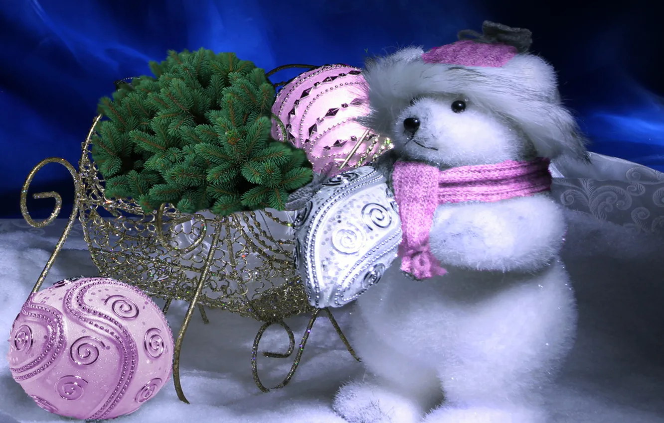 Photo wallpaper snow, toys, new year, spruce, white bear