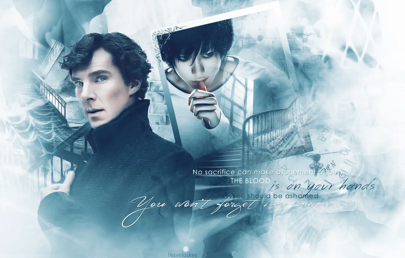 Photo wallpaper art, Death Note, Death Note, Sherlock Holmes, crossover, Benedict Cumberbatch, Sherlock, Sherlock BBC